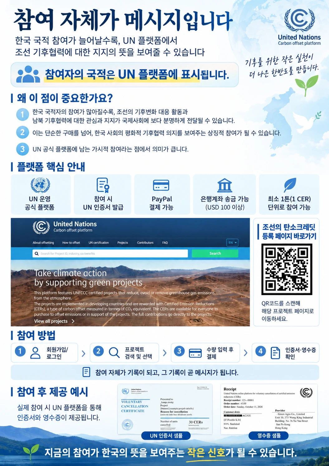 참여 자체가 메시지입니다 – 한국 국적 참여자가 UN 탄소상쇄 플랫폼에 표시되는 조선 기후협력 지지 안내